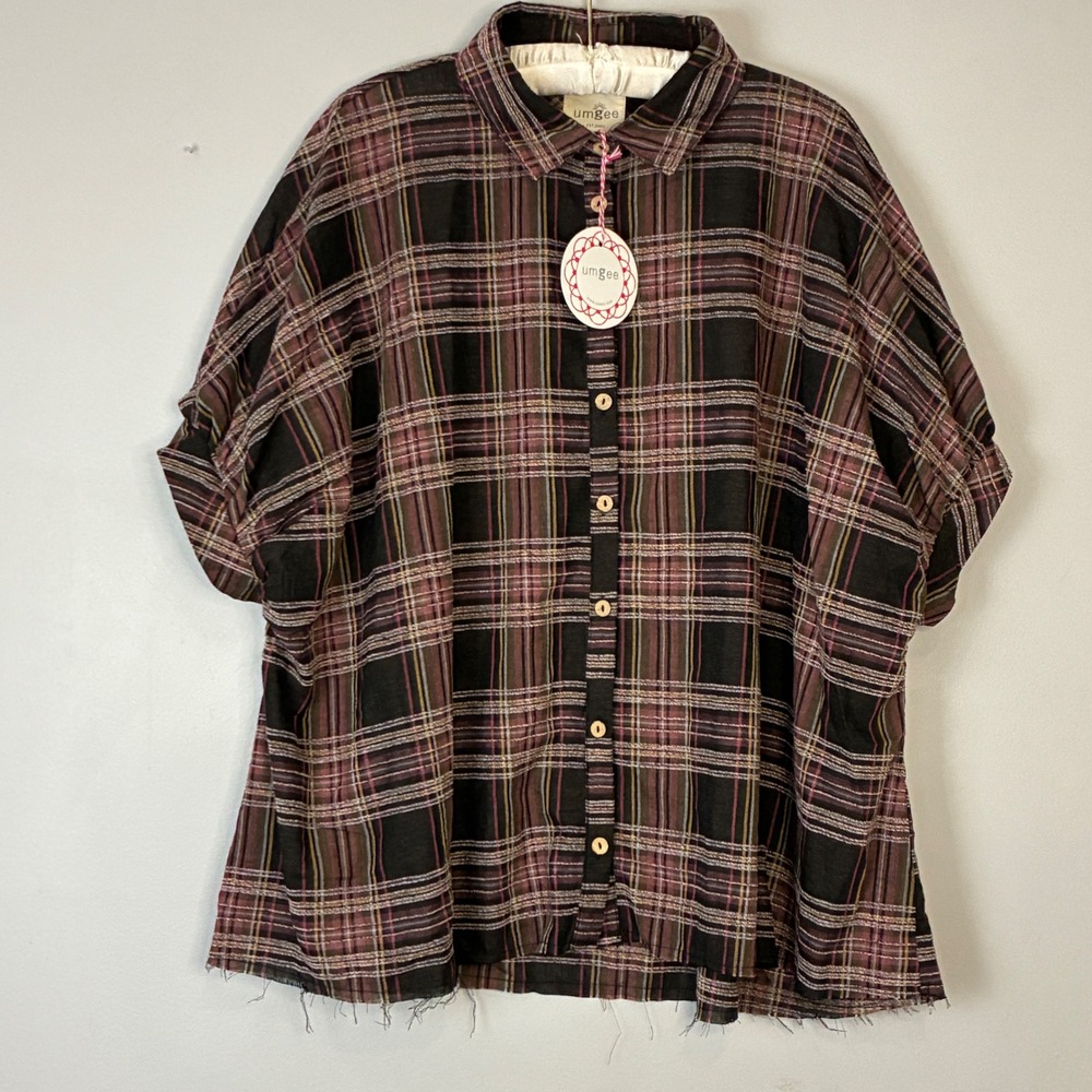 UMGEE Women Plaid Button Up Shirt‎ Oversized Short Sleeve Frayed Hem Size S